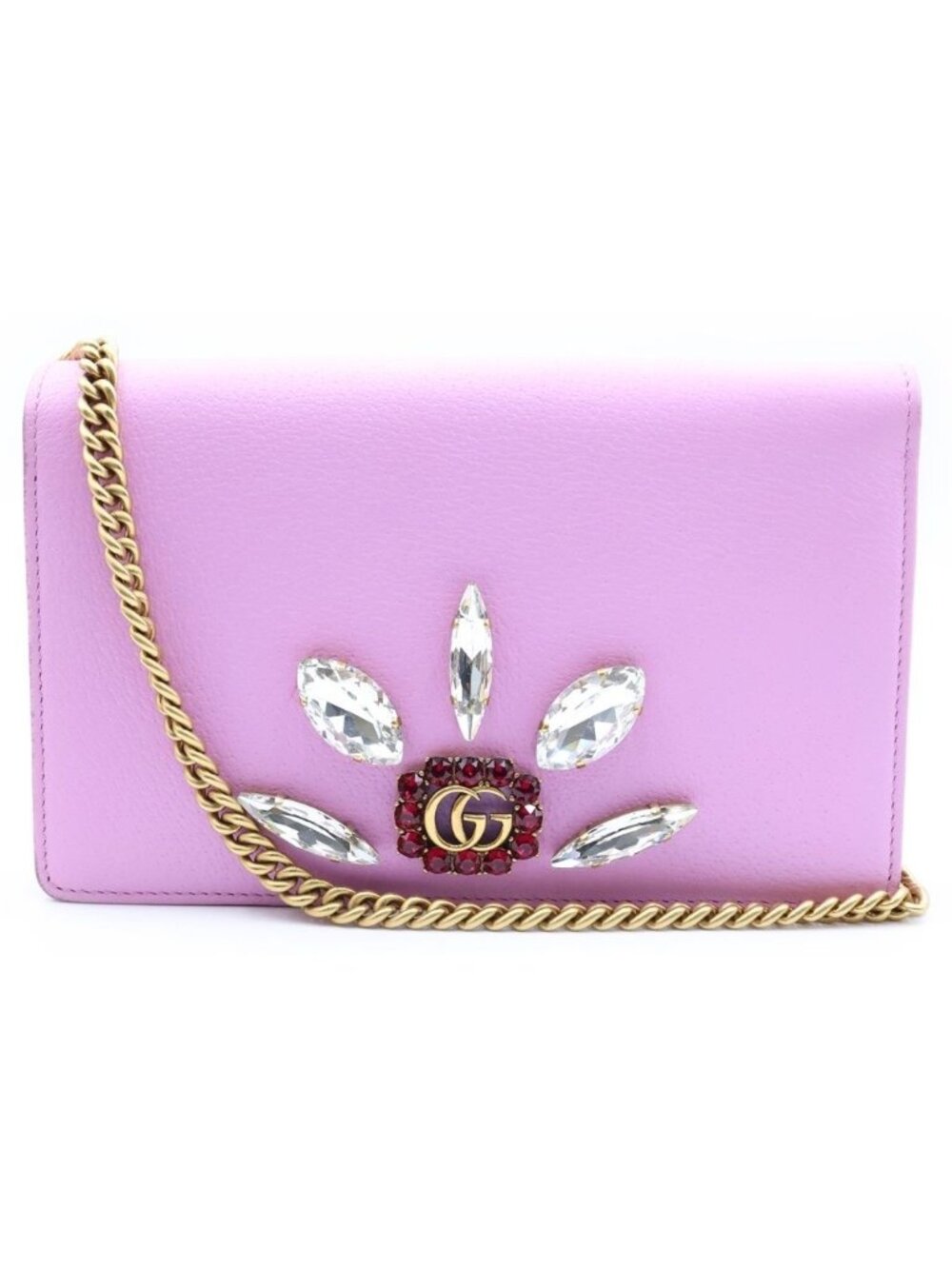 Gucci GG Marmont Bijou Chain Wallet Shoulder Bag Purple Pink Leather Gold